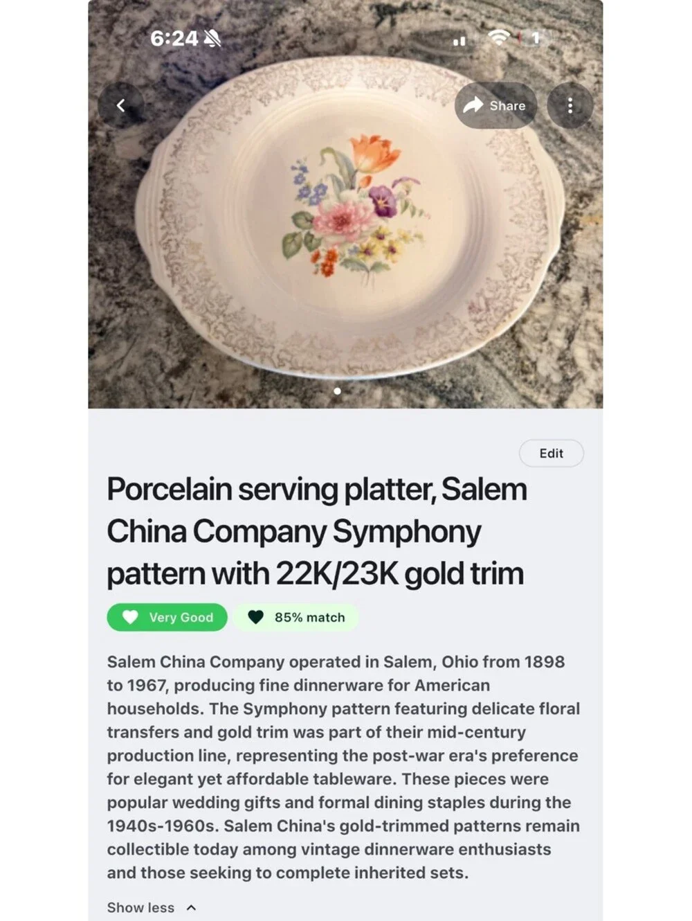 Salem China Company Symphony Pattern Porcelain Serving Platter with Gold Trim